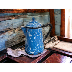 Antique 1900s Tin Coffee Pot Blue & White Agateware Graniteware Chippy Patina